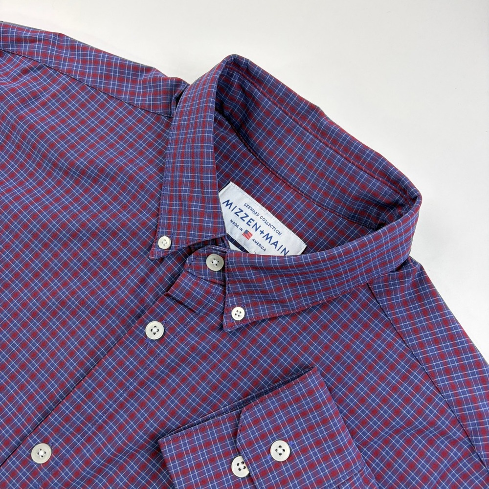 Mizzen+Main Leeward Dress Shirt Mens XXL Trim Fit Blue Burgundy Plaid Stretch